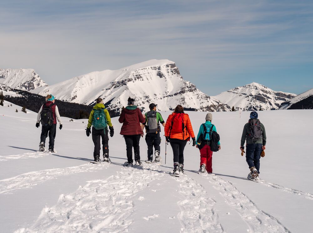 A group of people on a guided snowshoe tour in Banff National Park
