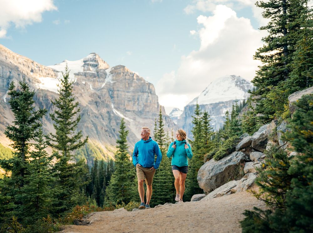 Two people hiking in summer in Banff National Park