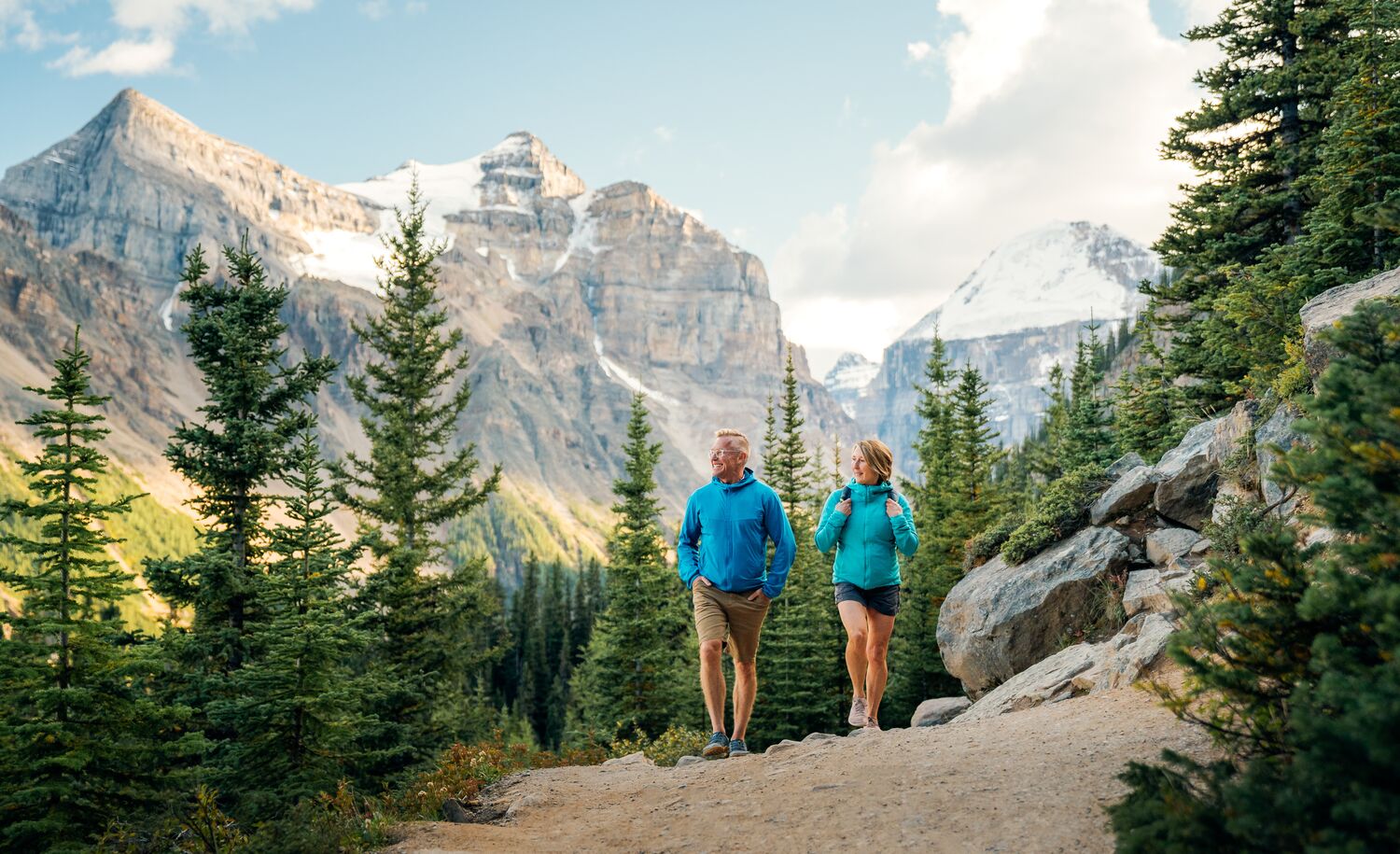 Two people hiking in summer in Banff National Park