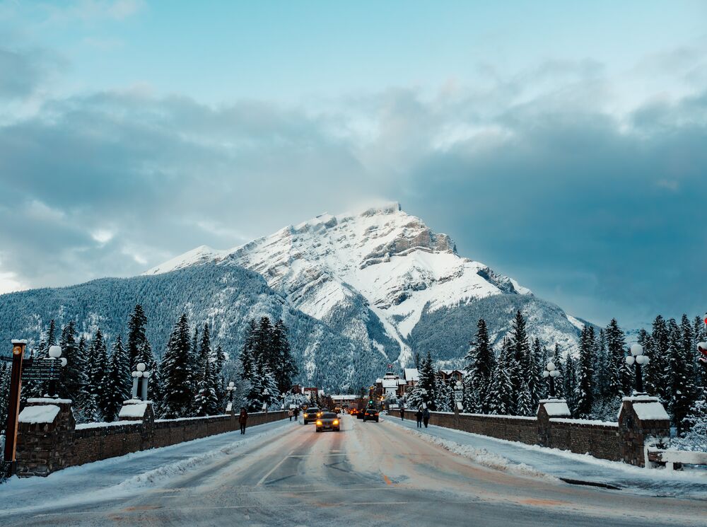 Cascade mountain at the end of Banff Avenue in winter in Banff National Park