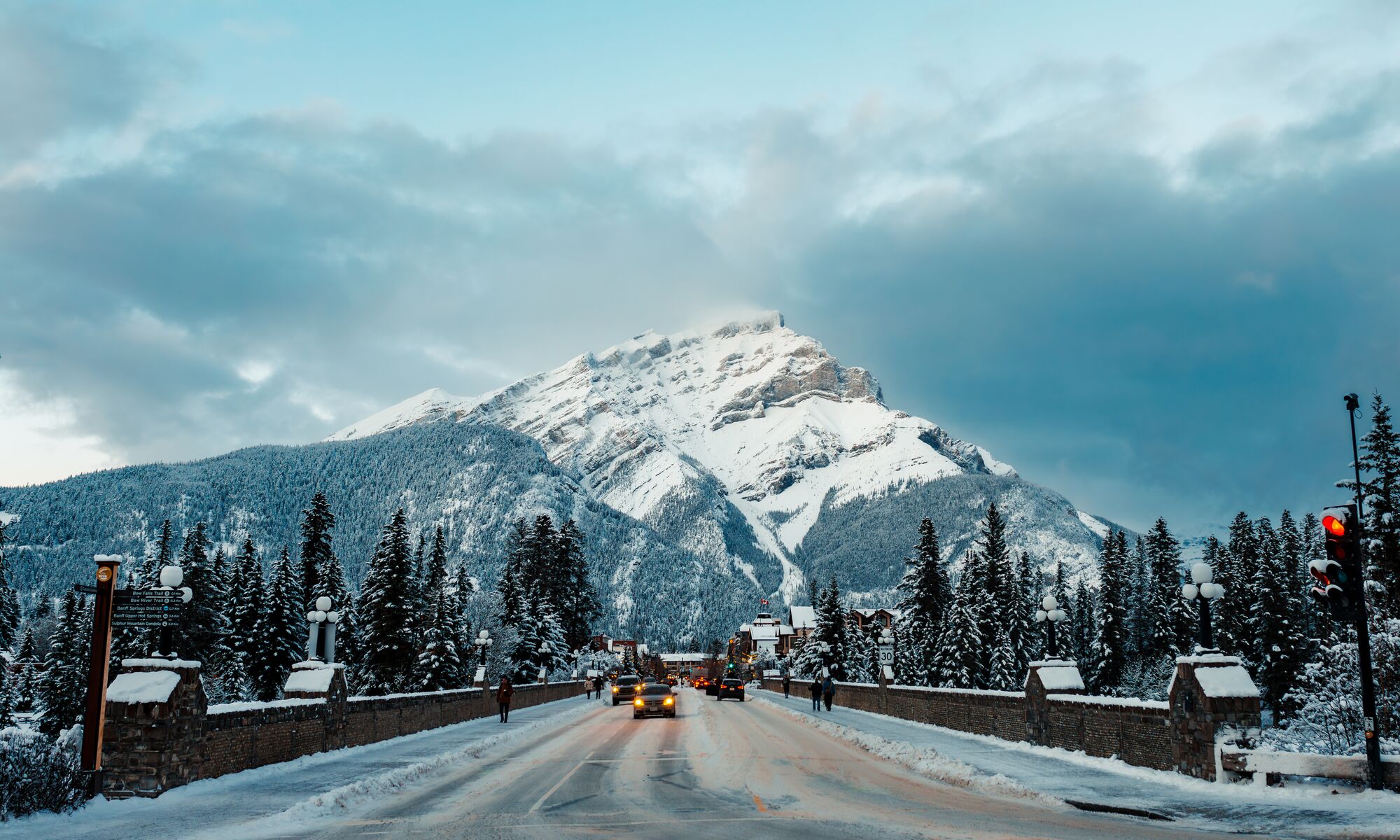 Cascade mountain at the end of Banff Avenue in winter in Banff National Park