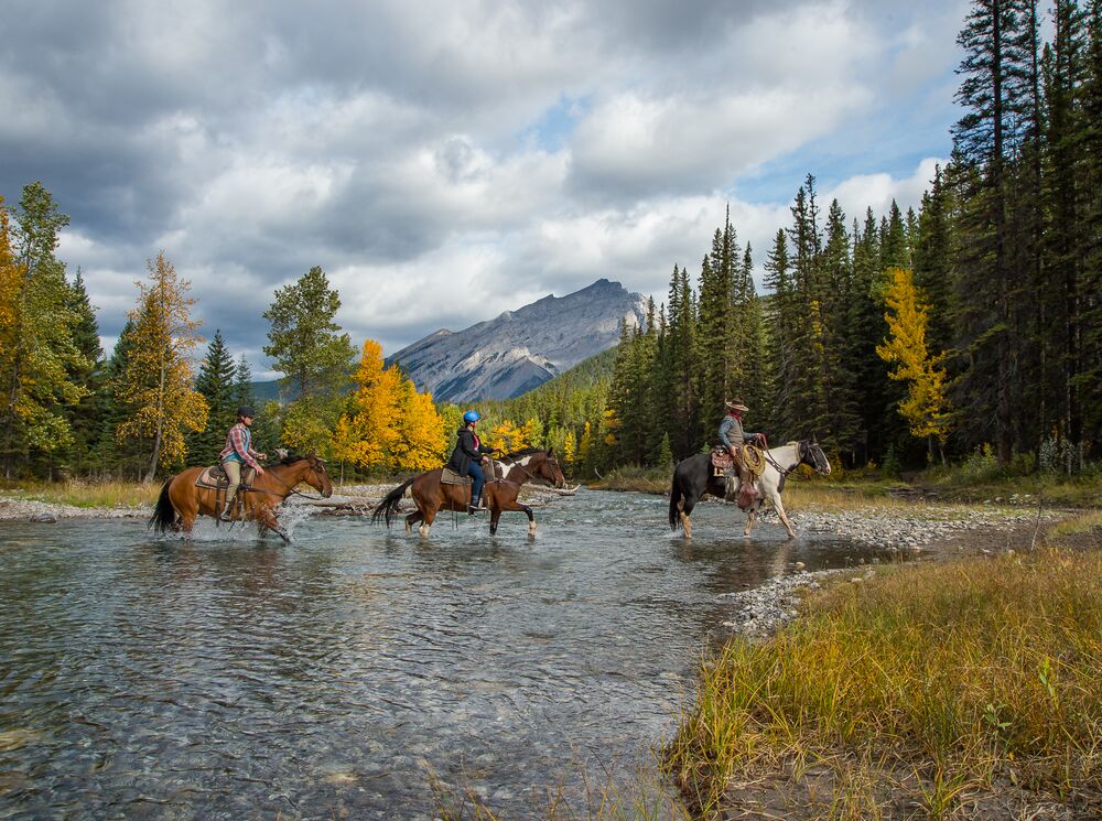 Three people on a guided horseback tour in Banff National Park