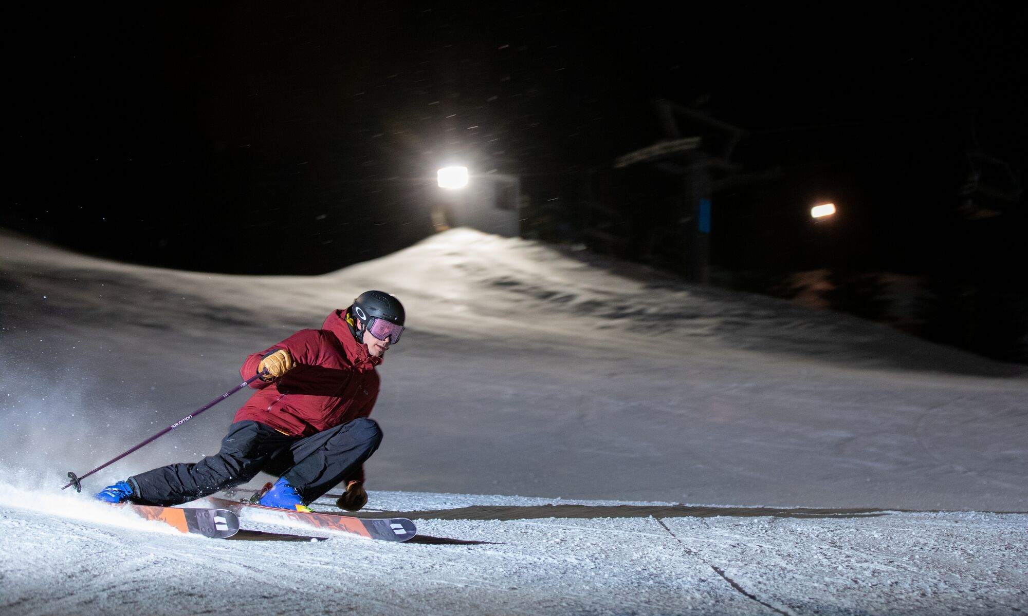 A person night skiing at Mount Norquay in Banff National Park