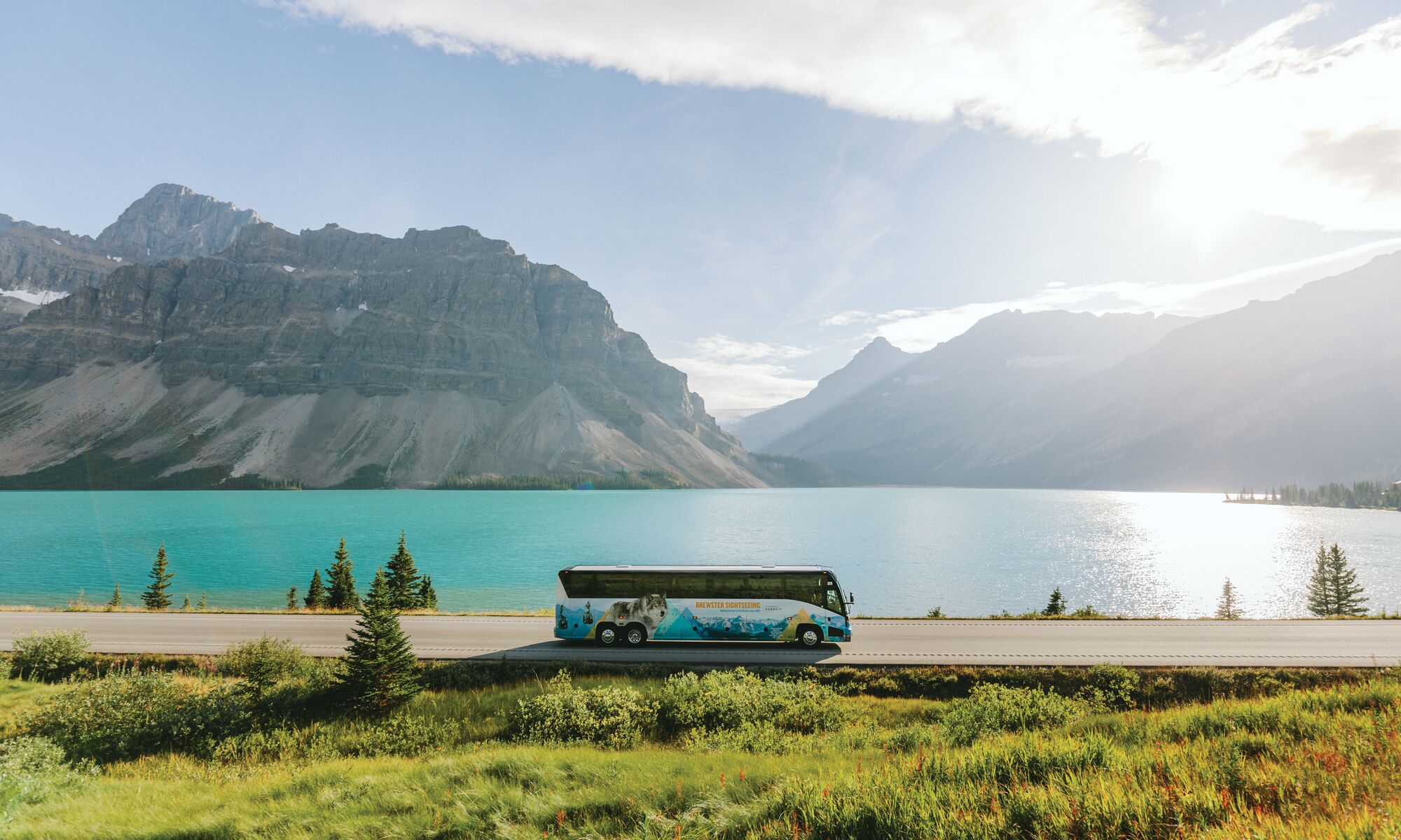 A Brewster Sightseeing Bus on the Icefields Parkway in Banff National Park