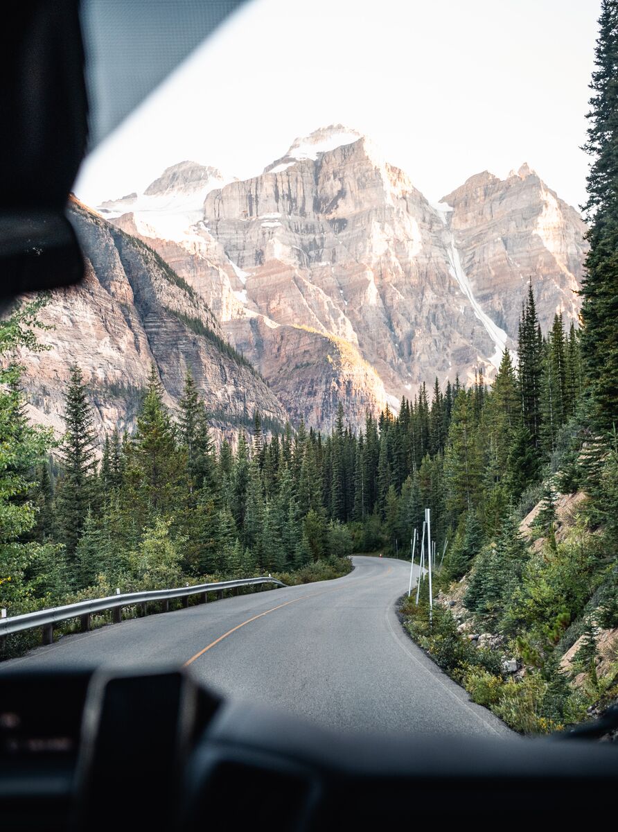 The view out of the window of a shuttle to Moraine Lake in Banff National Park.