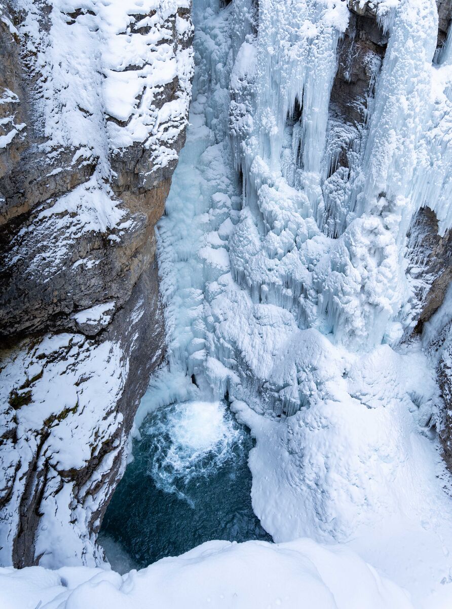 A frozen waterfall at Johnston Canyon in the winter in Banff National Park 
