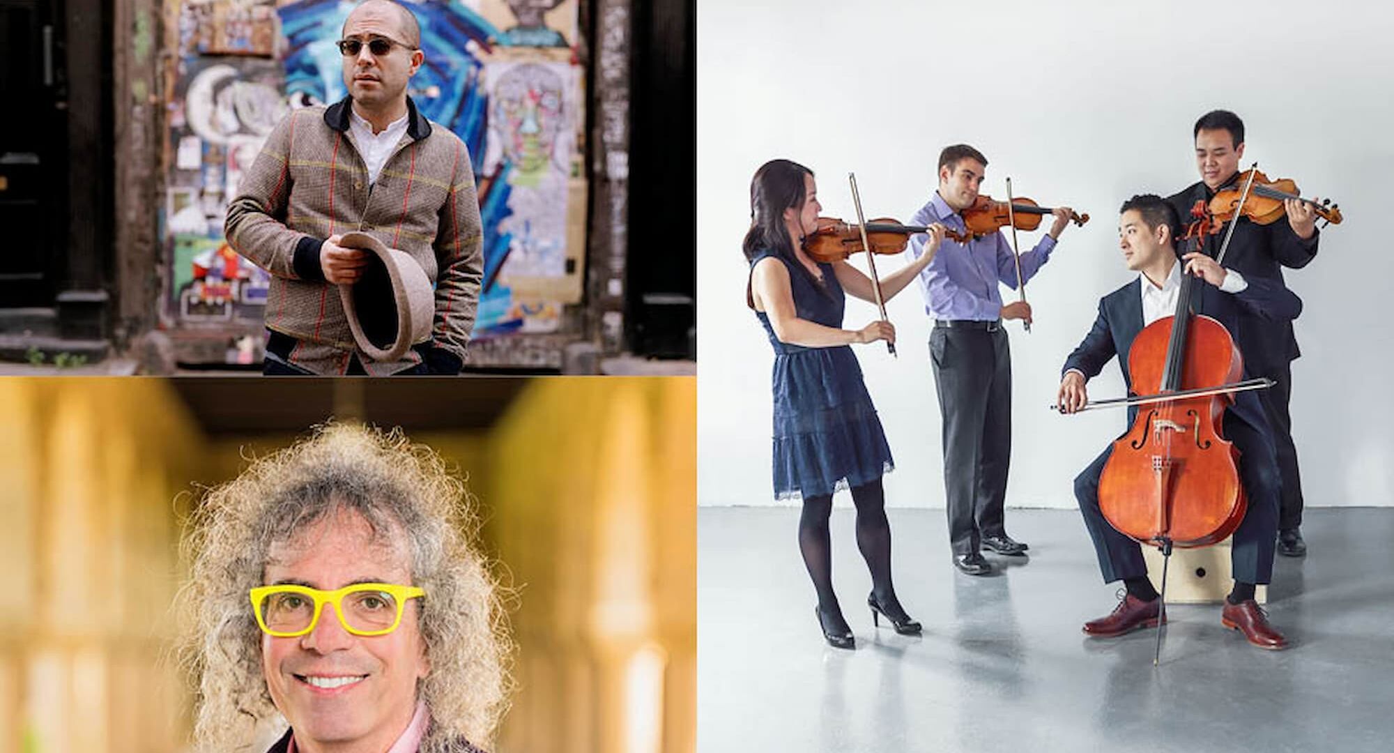 Mahan Esfahani, photo by Kaja Smith; Afiara Quartet, photo by Daniel Ehrenworth; Mark Applebaum, photo courtesy of the artist