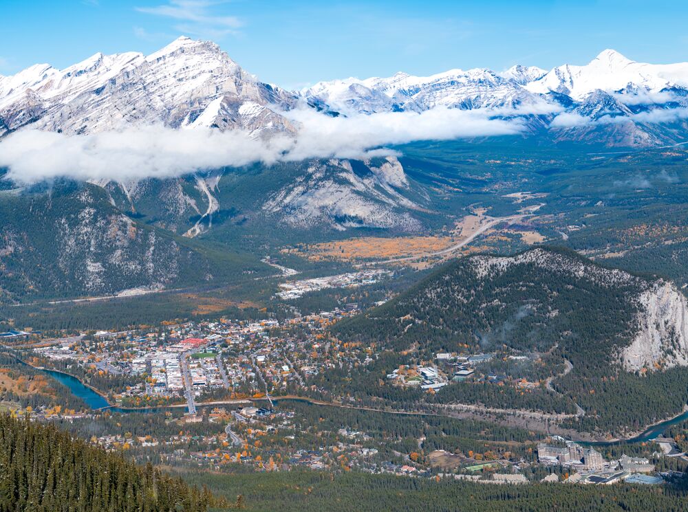 The view of the town of Banff from the Banff Gondola in fall