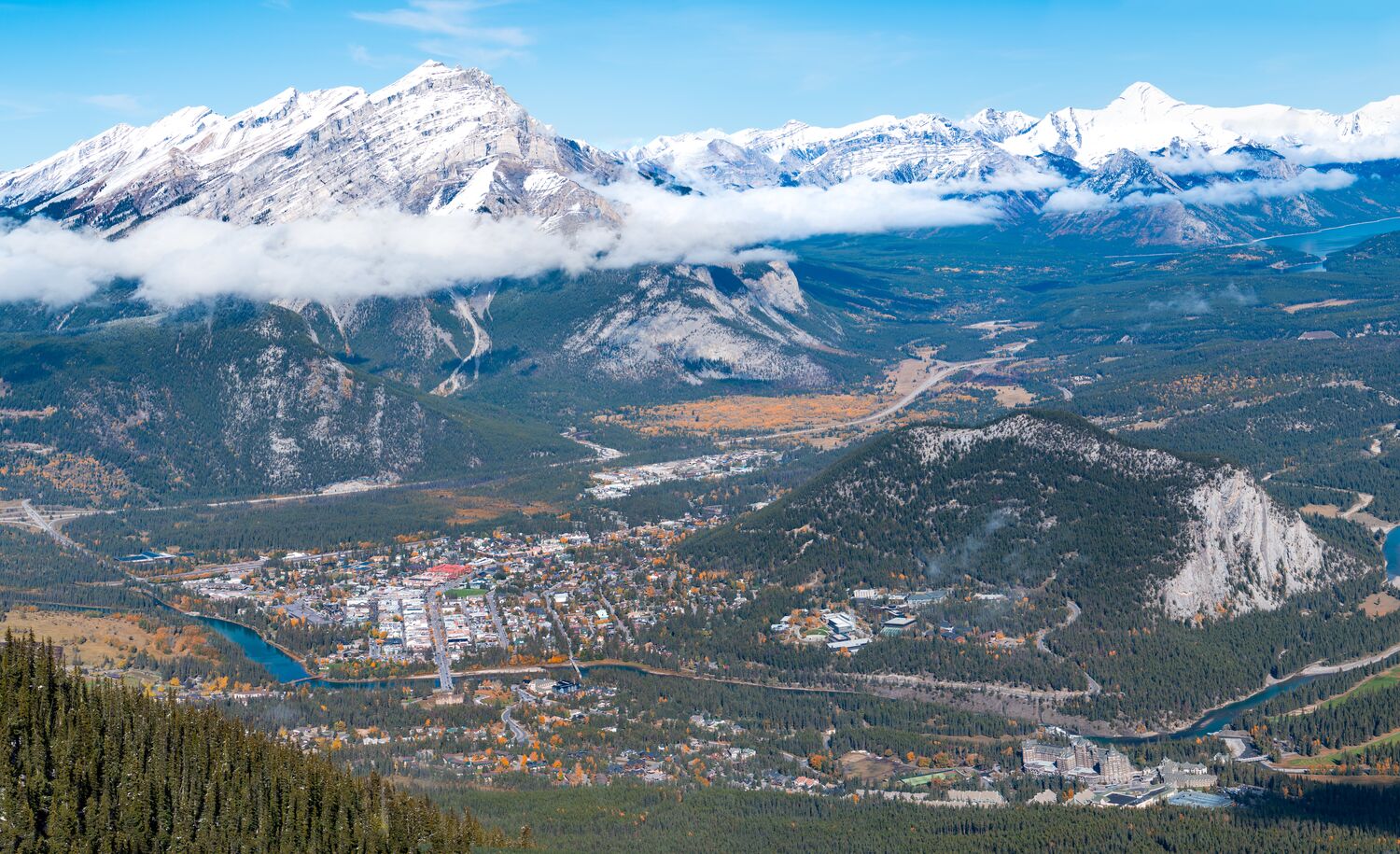 The view of the town of Banff from the Banff Gondola in fall