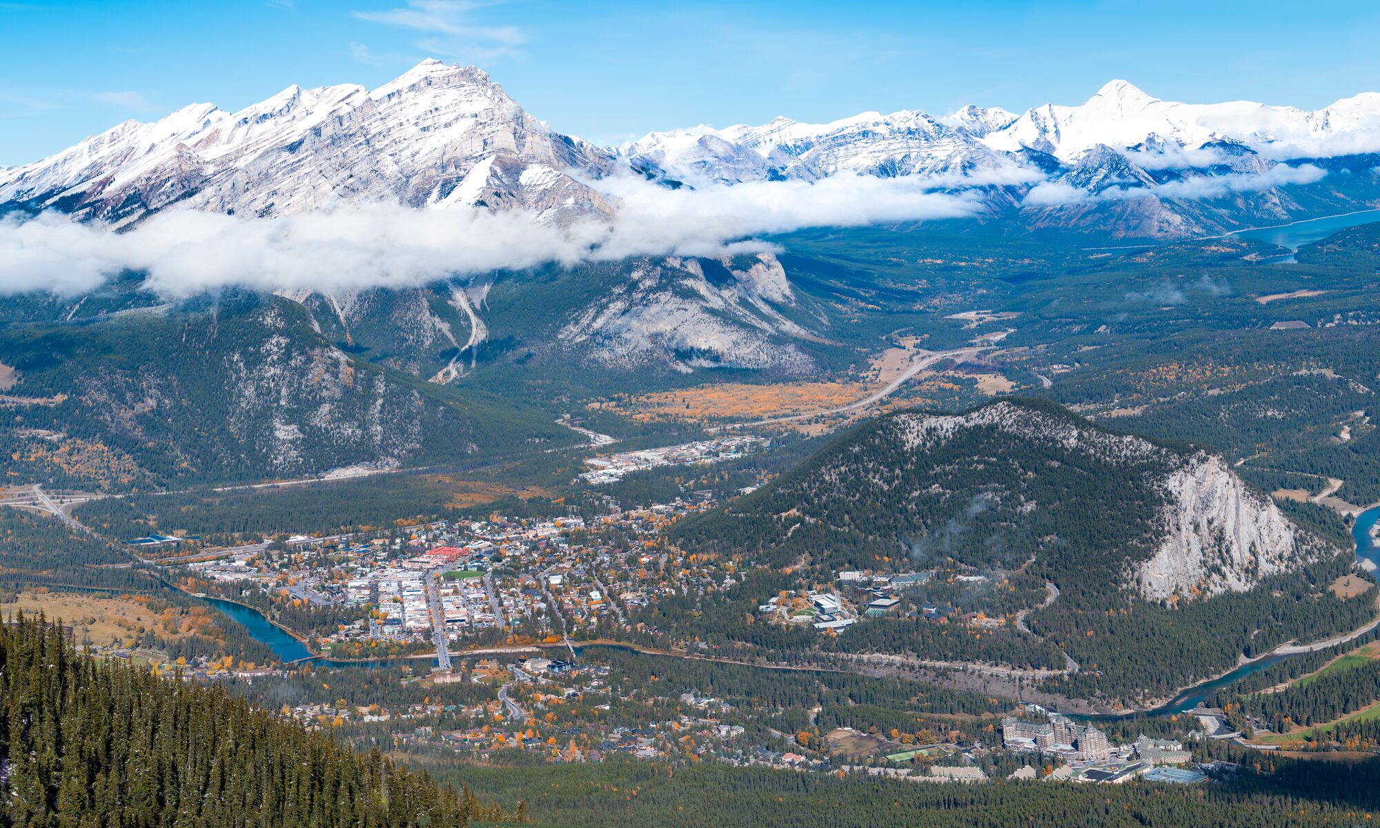 The view of the town of Banff from the Banff Gondola in fall