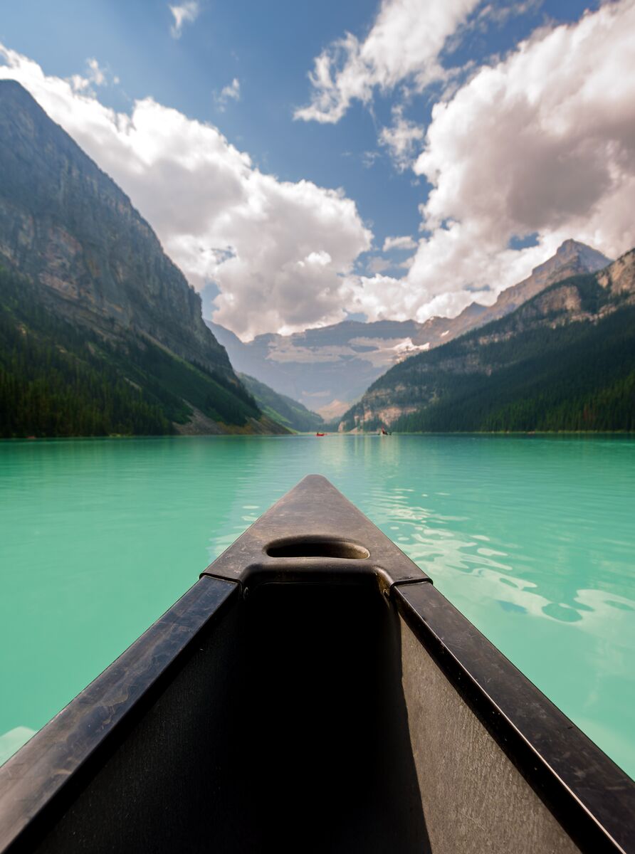 The front of canoe on Lake Louise in Banff National Park