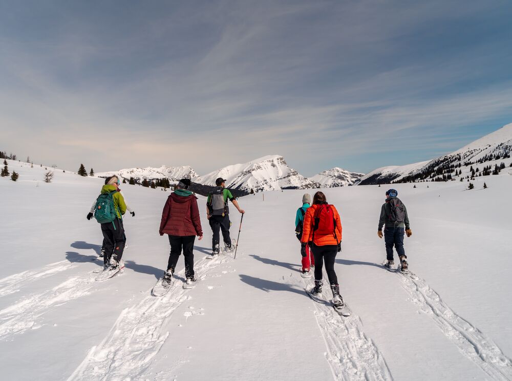 A group of people on a guided snowshoeing tour in Banff National Park