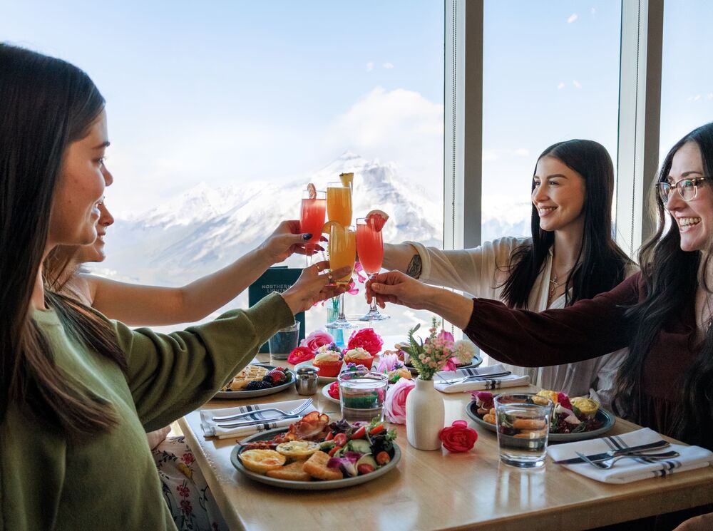 A group of friends at brunch at Sky Bistro in Banff National Park