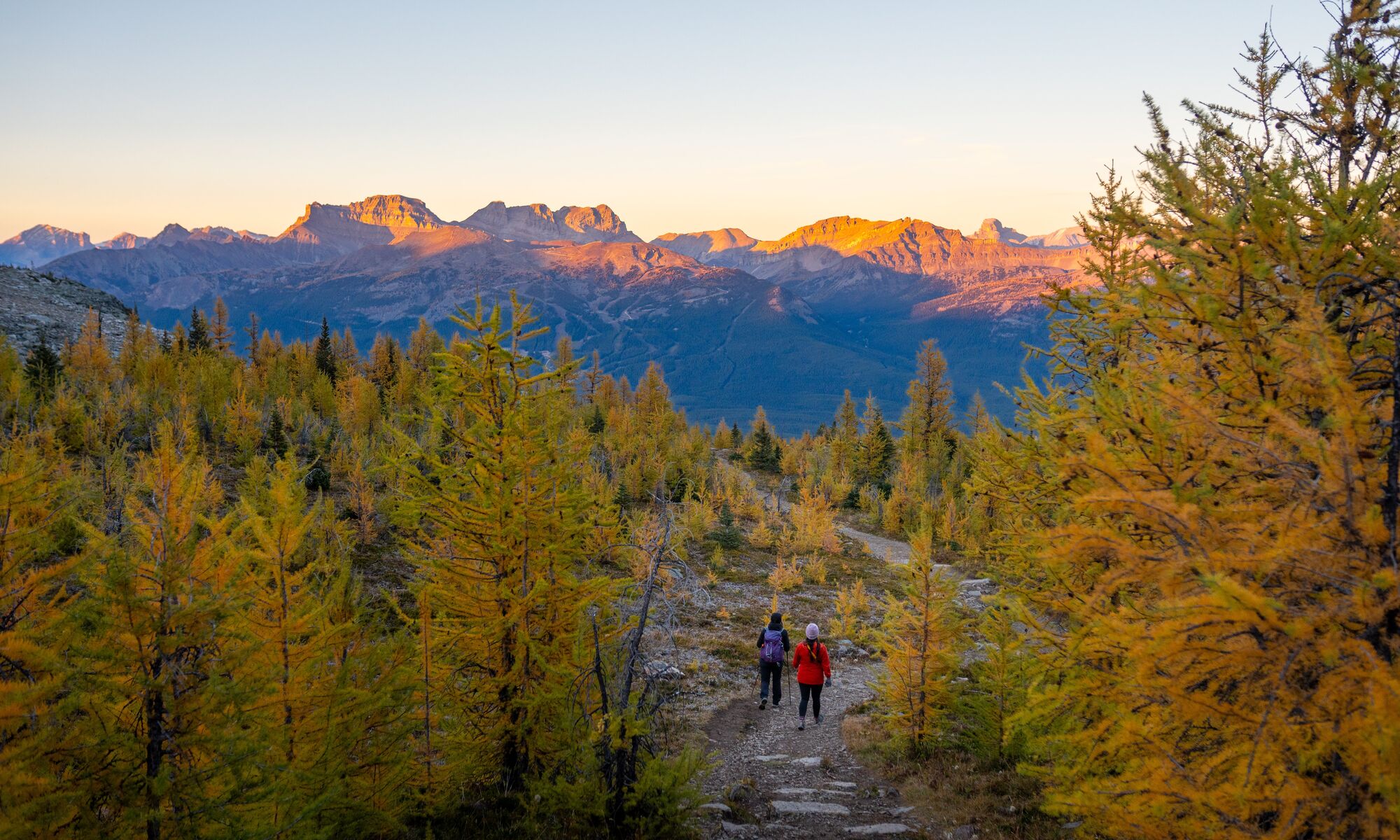 Two people hike in Saddleback Pass at Lake Louise in Banff National Park at sunset.