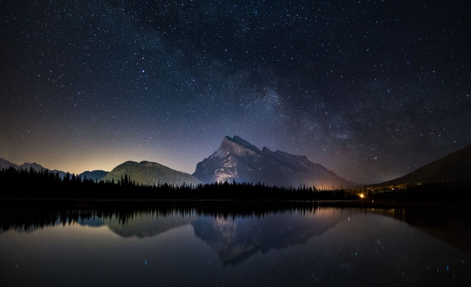 Vermillion lakes at night with Mount Rundle in Banff National Park