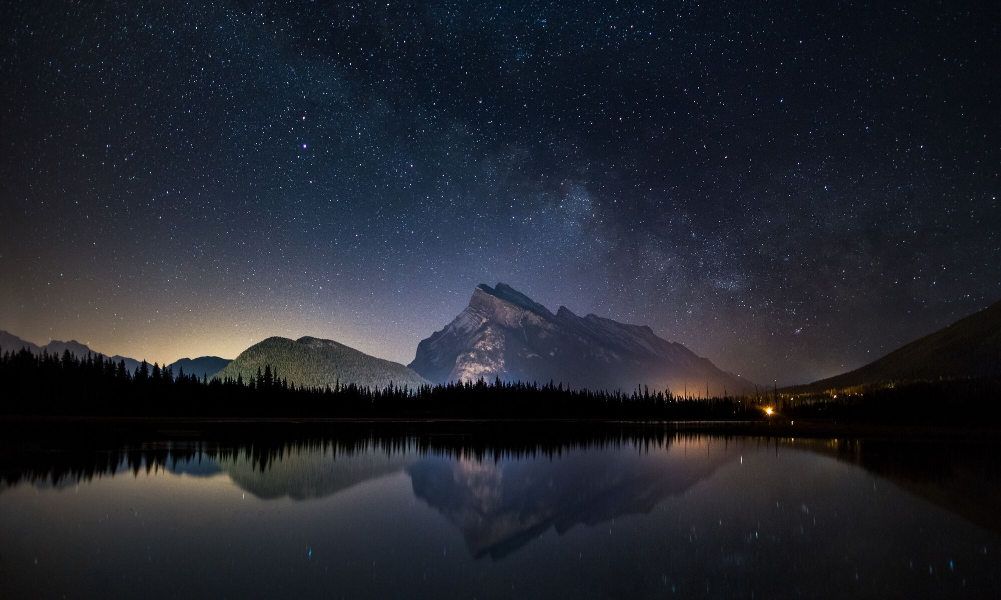 Vermillion lakes at night with Mount Rundle in Banff National Park