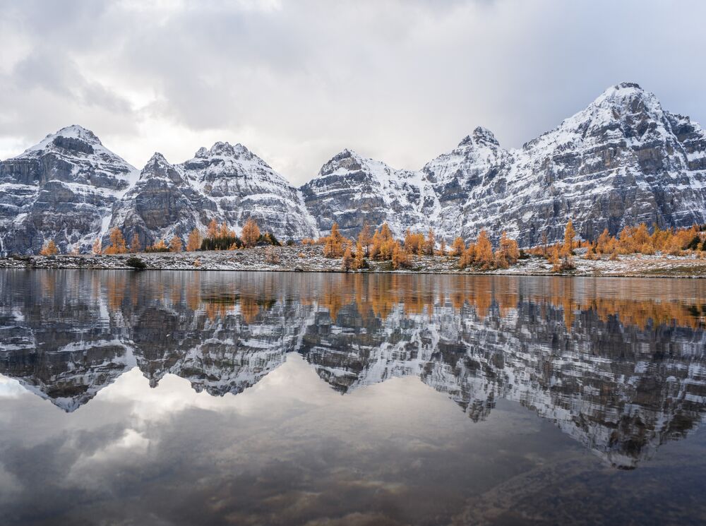 Mountains of the Valley of the Ten Peaks are reflected in a lake at the top of Larch Valley, one of the best hikes at Moraine Lake in Banff National Park. 