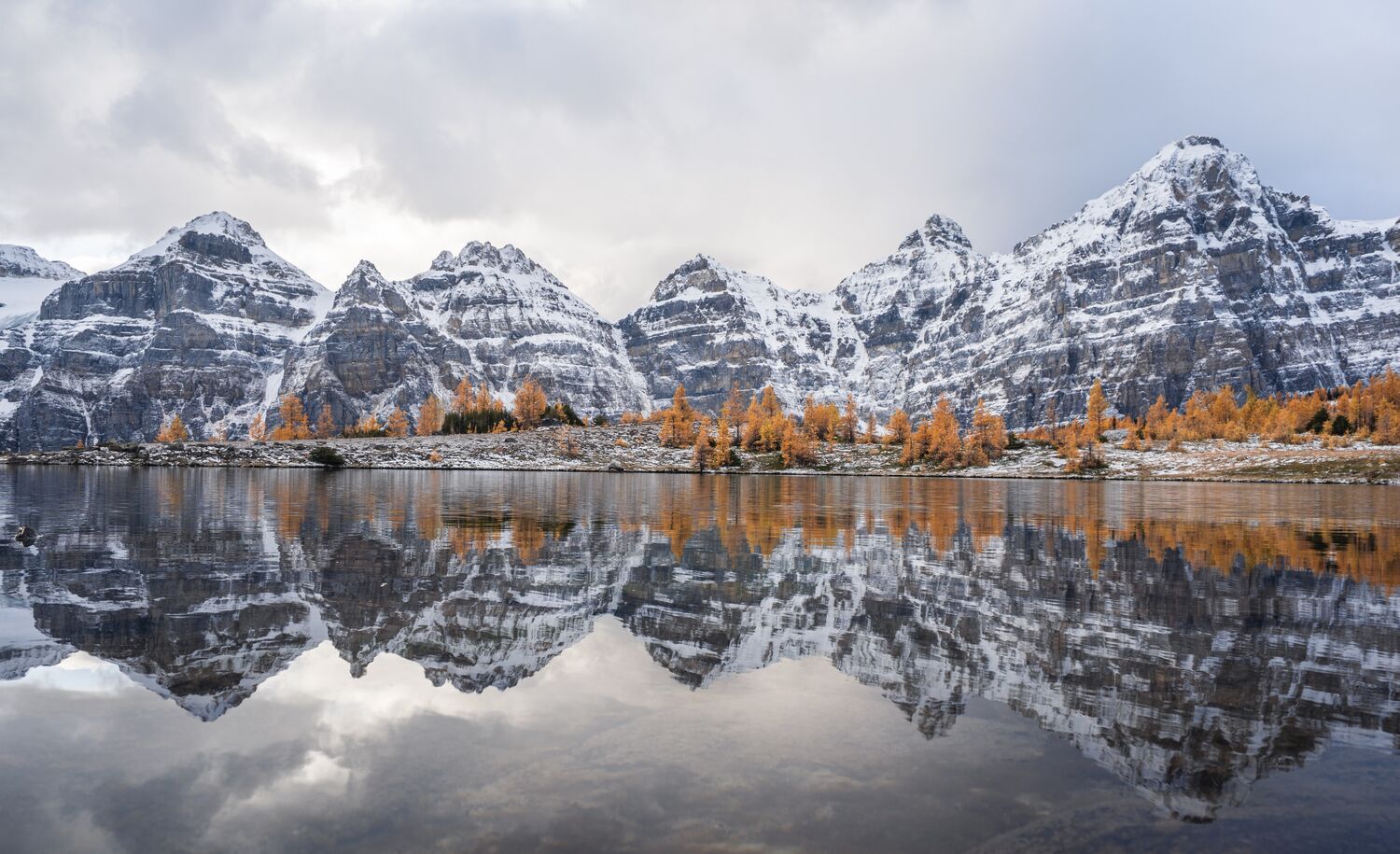 Mountains of the Valley of the Ten Peaks are reflected in a lake at the top of Larch Valley, one of the best hikes at Moraine Lake in Banff National Park. 