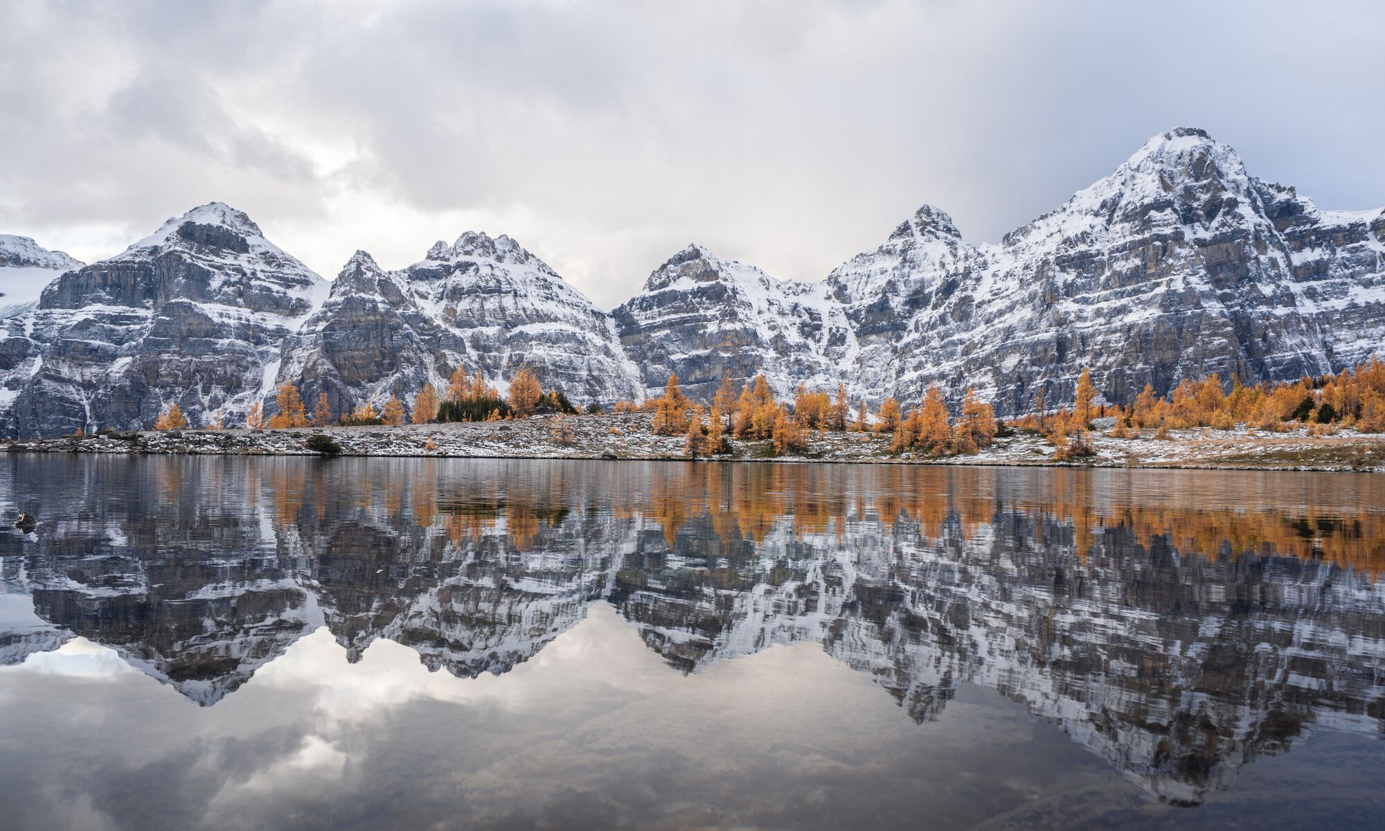 Mountains of the Valley of the Ten Peaks are reflected in a lake at the top of Larch Valley, one of the best hikes at Moraine Lake in Banff National Park. 