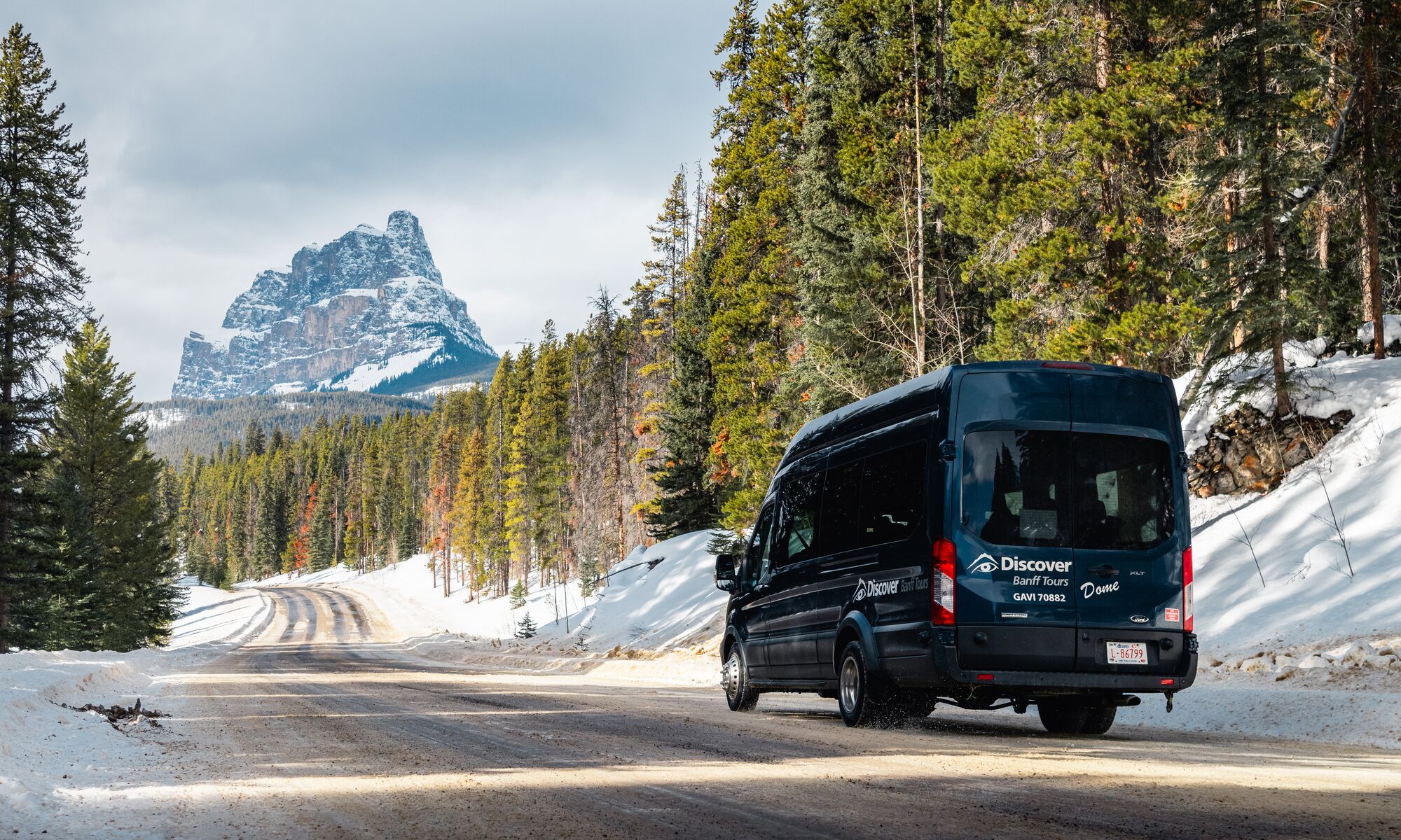 A Discover Banff Tours van driving on the Bow Valley Parkway in Banff National Park
