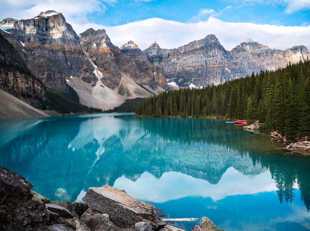 A view of Moraine Lake and the Valley of the Ten Peaks from the Rockpile, one of the best Moraine Lake hikes in Banff and Lake Louise.