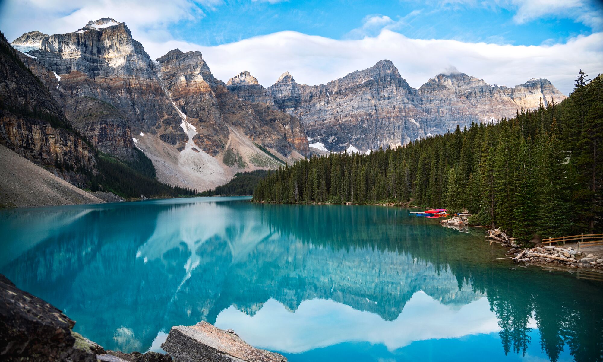 A view of Moraine Lake and the Valley of the Ten Peaks from the Rockpile, one of the best Moraine Lake hikes in Banff and Lake Louise.