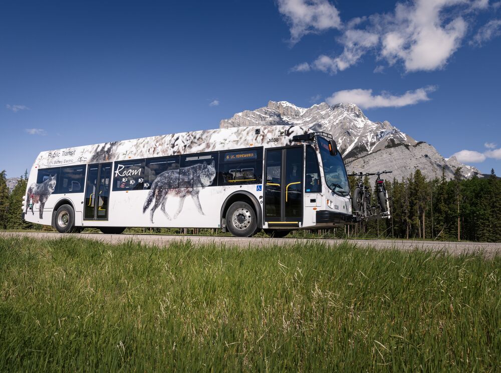A Roam Transit bus in Banff National Park
