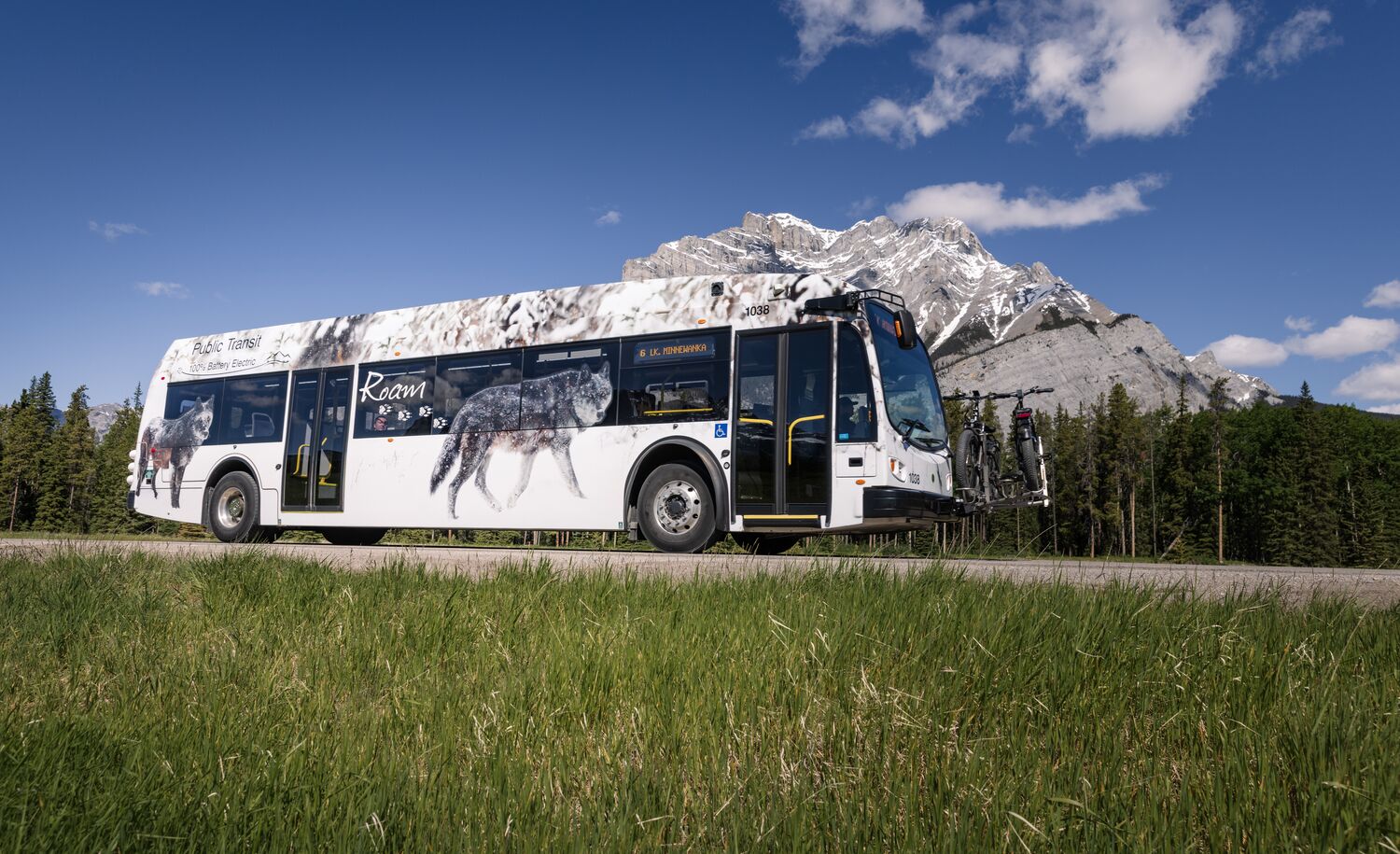A Roam Transit bus in Banff National Park
