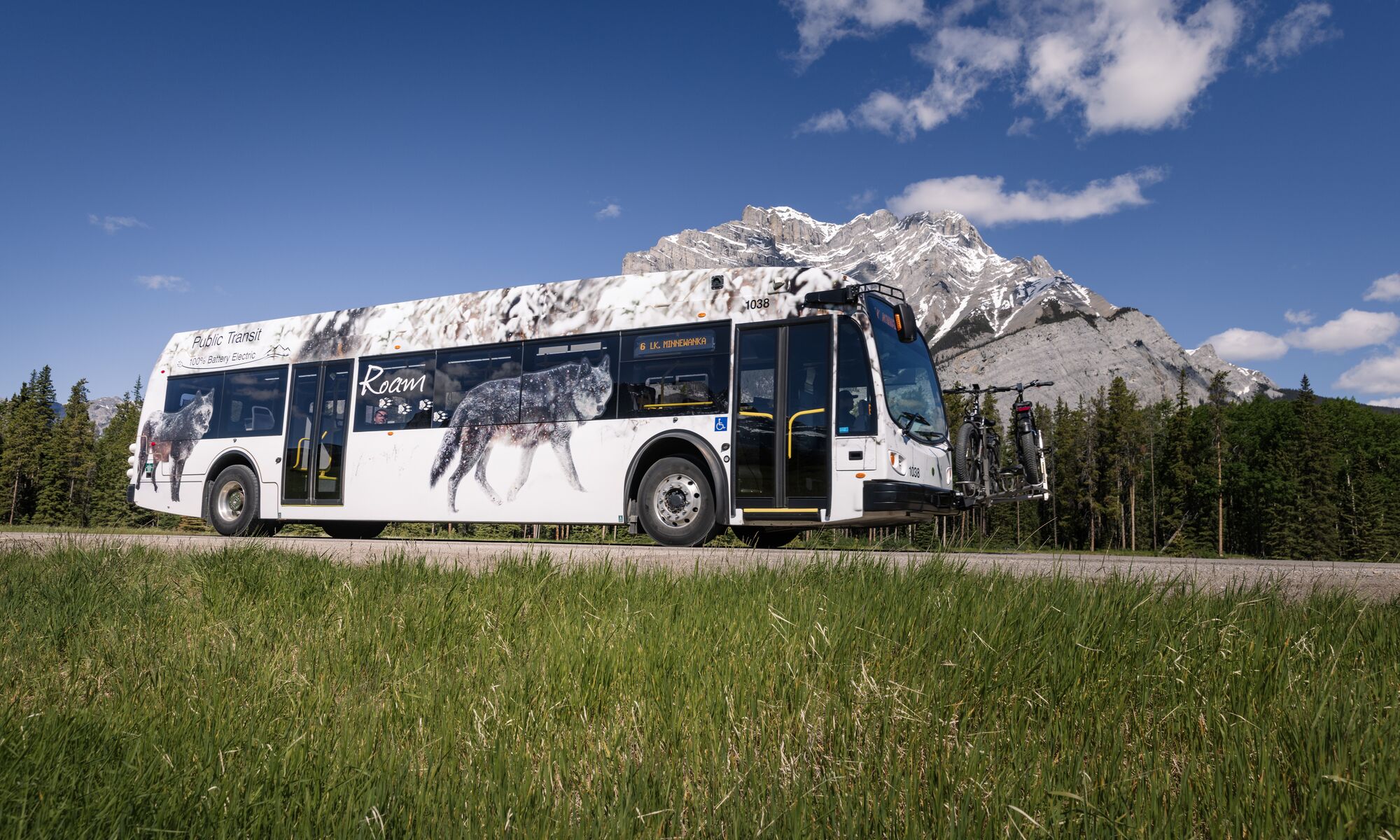A Roam Transit bus in Banff National Park