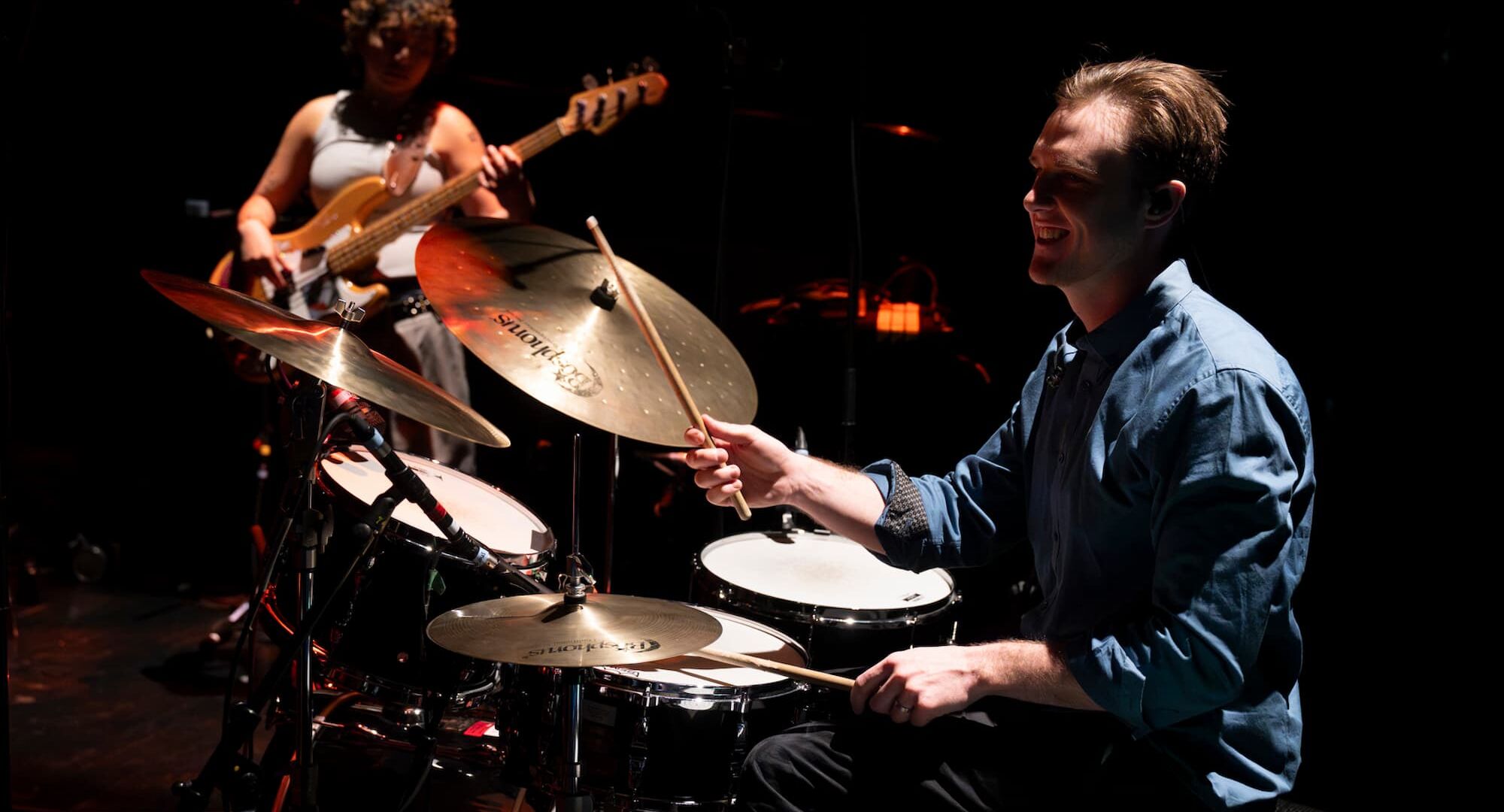 Jazz and Sonic Arts Concert, 2025. L to R: Gabriela Laconsay (electric bass) and Ryan Daunt (Drums).
