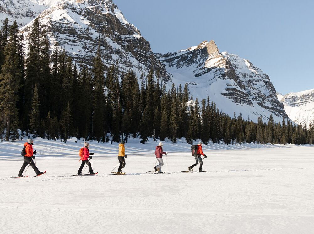 A group of people on a guided snowshoeing tour in Banff National Park