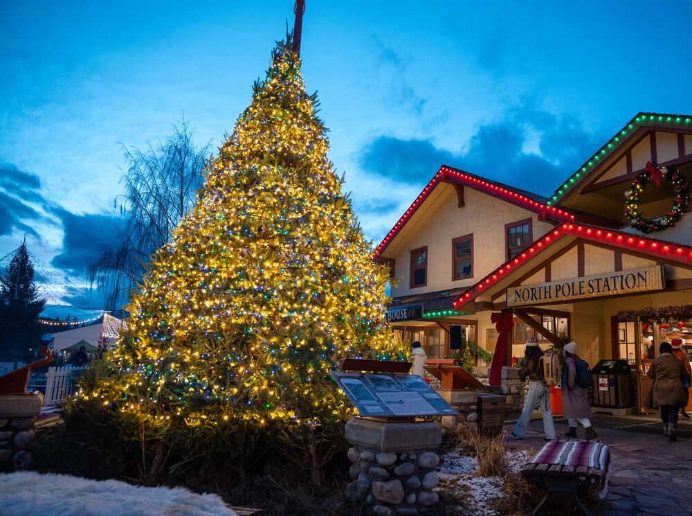 A Christmas tree lit up at the Banff Christmas Market at the Banff Train Station