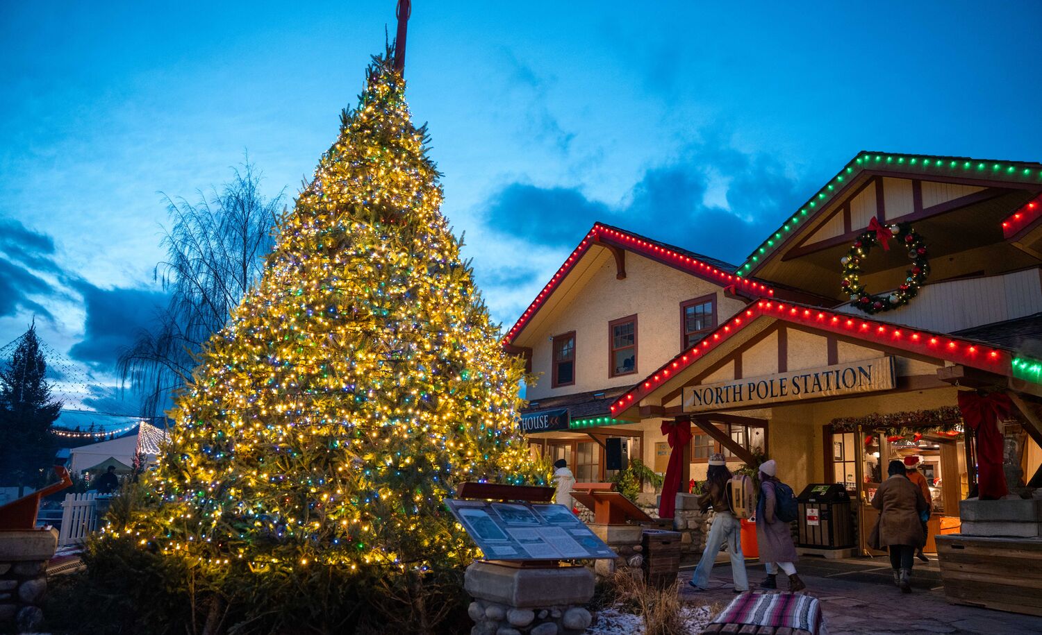 A Christmas tree lit up at the Banff Christmas Market at the Banff Train Station