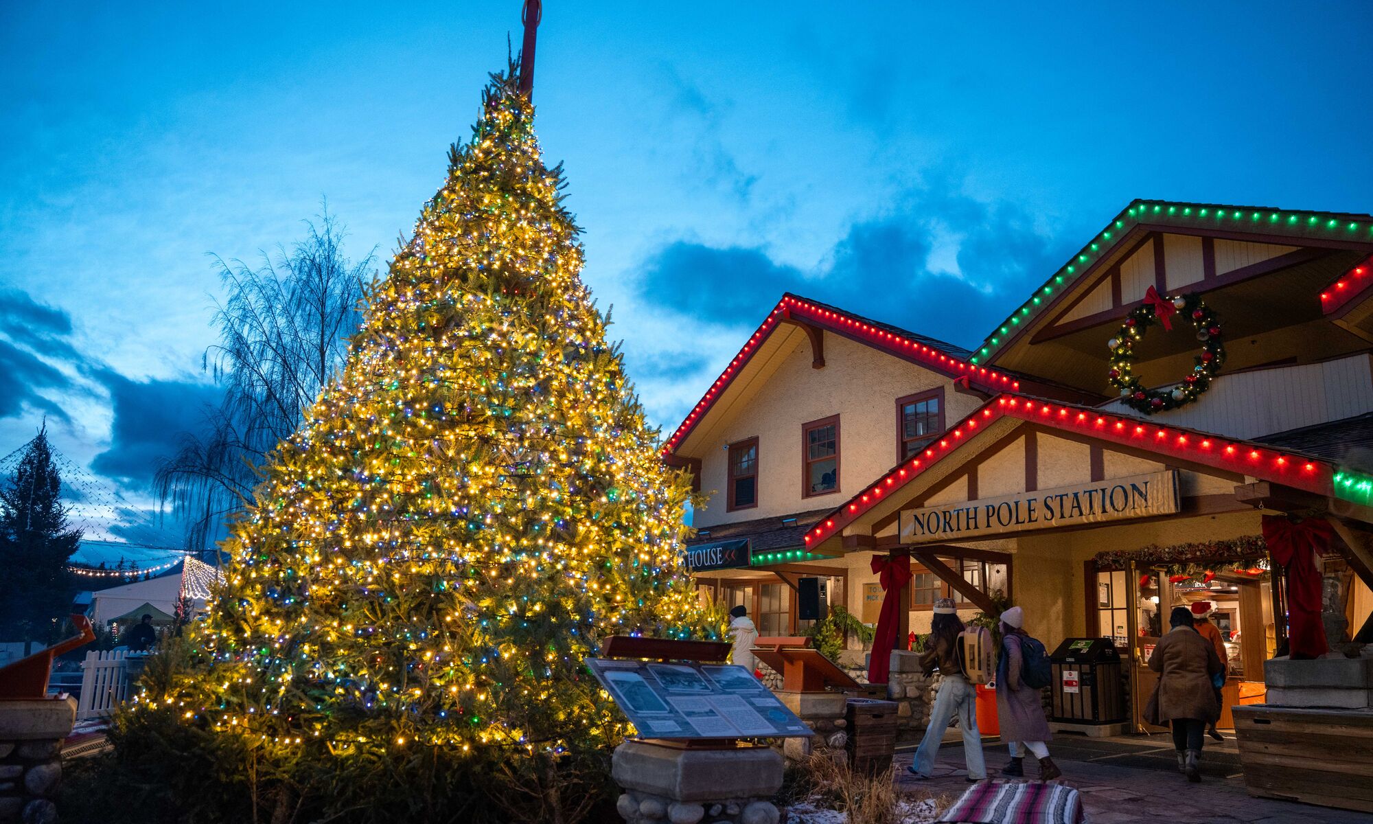A Christmas tree lit up at the Banff Christmas Market at the Banff Train Station