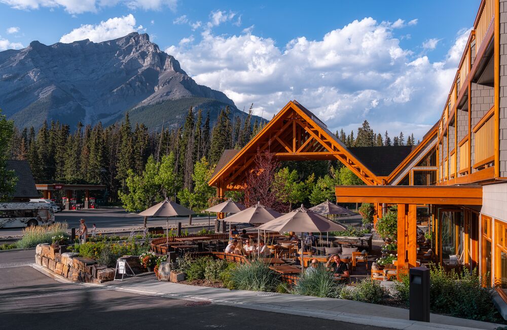 Hotel Canoe and Suites and Sudden Sally patio with mountain views