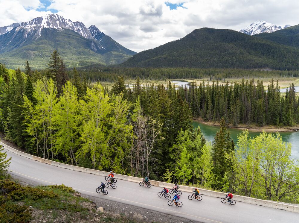 A group of cyclists ride the Bow Valley Parkway in the summer while biking in Banff National Park.