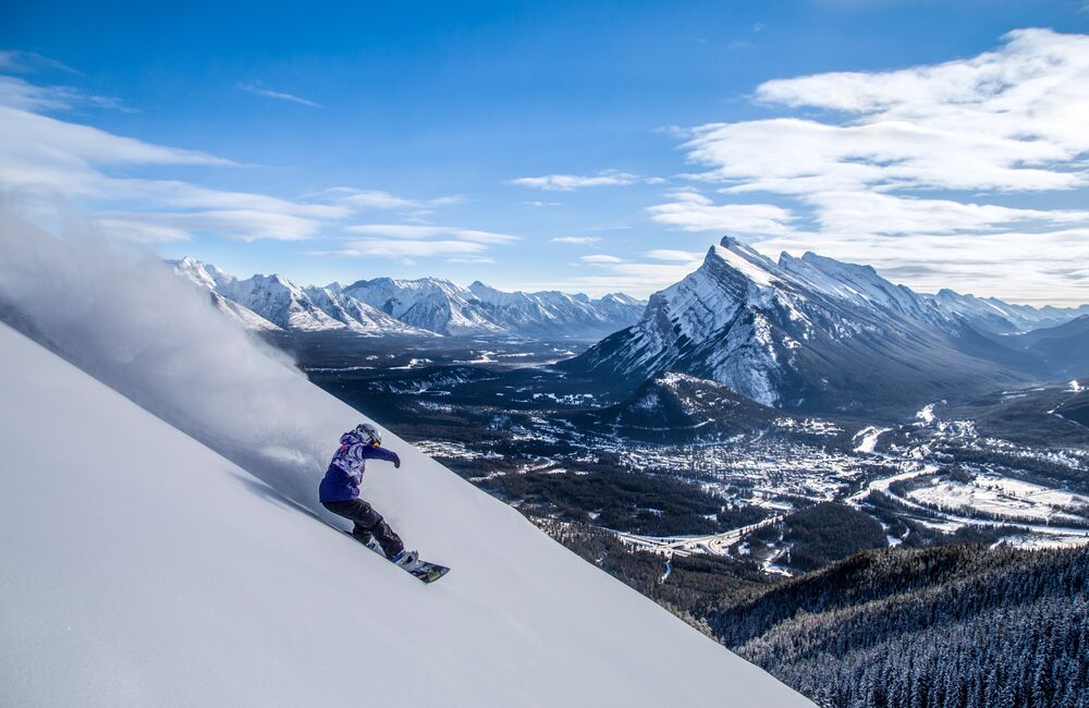 A person snowboarding at Mount Norquay in Banff National Park