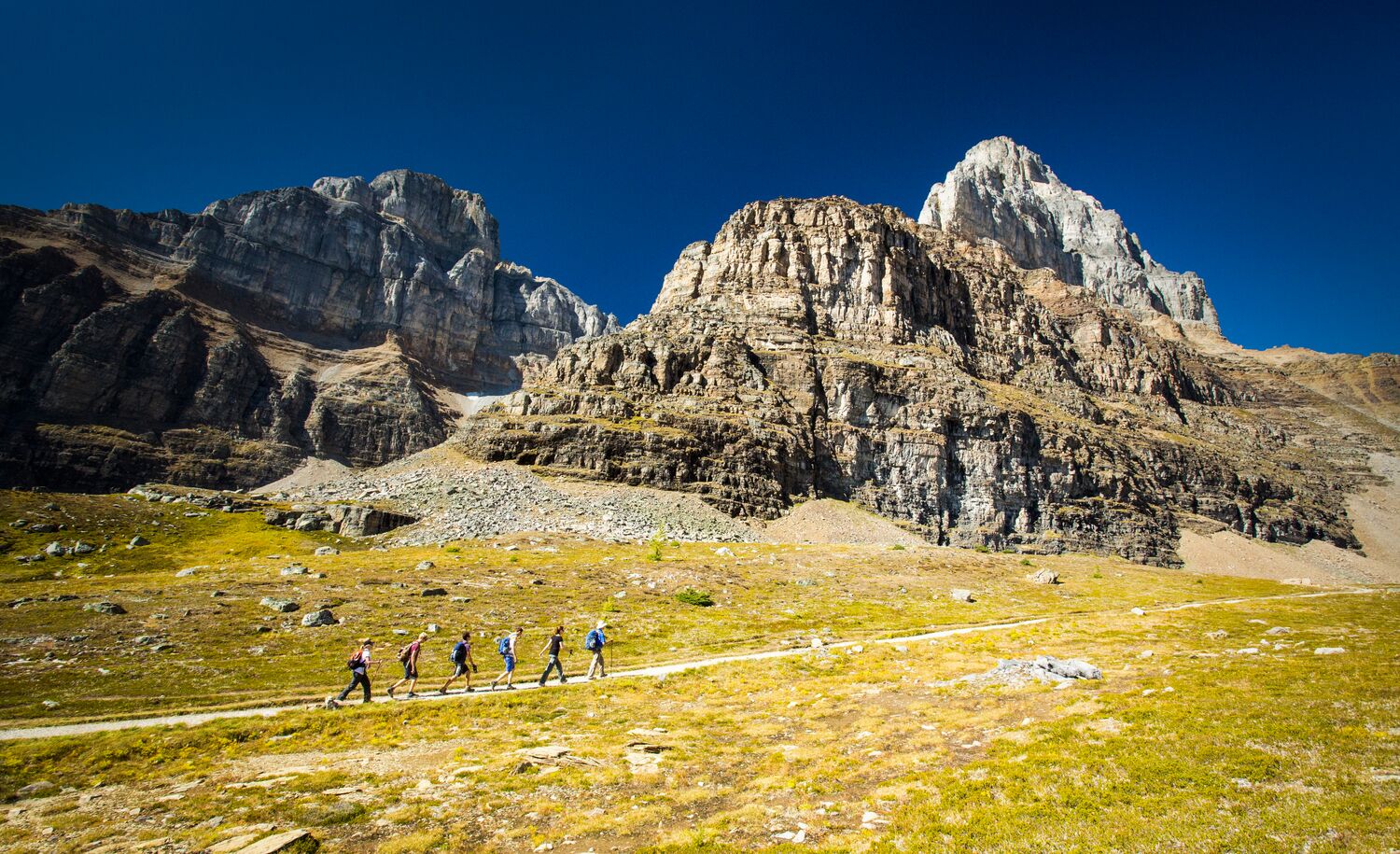 A group of people on a guided hike at Moraine Lake in Banff National Park