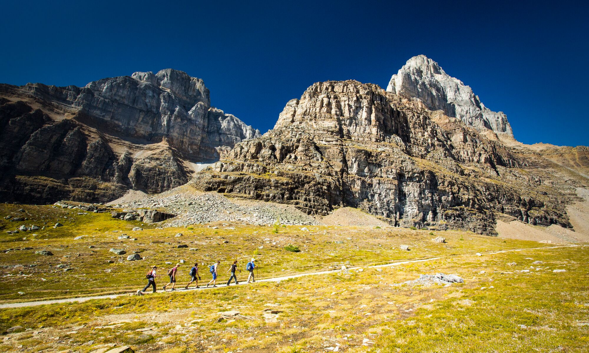 A group of people on a guided hike at Moraine Lake in Banff National Park