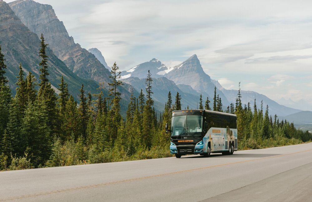 A Brewster Express bus driving in Banff National Park