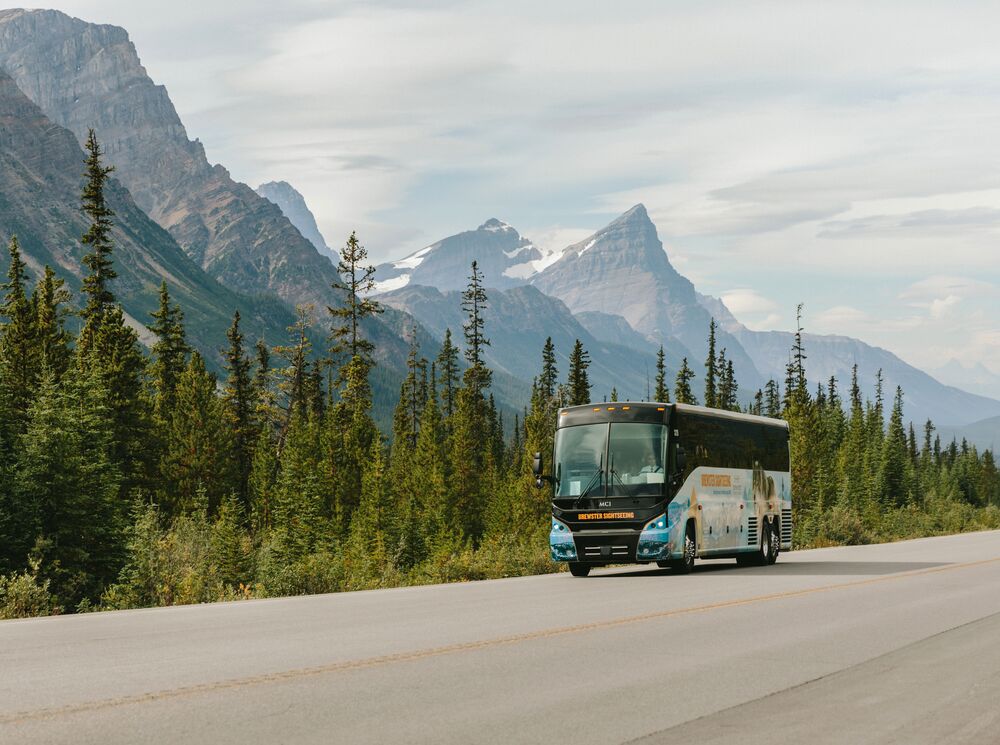 A Brewster Express bus driving in Banff National Park