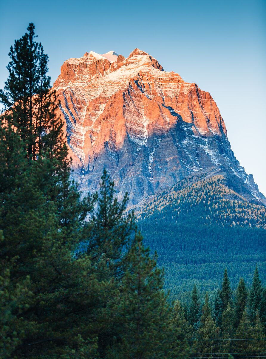 Mount Temple at sunrise in Banff National Park as seen from Moraine Lake Road.