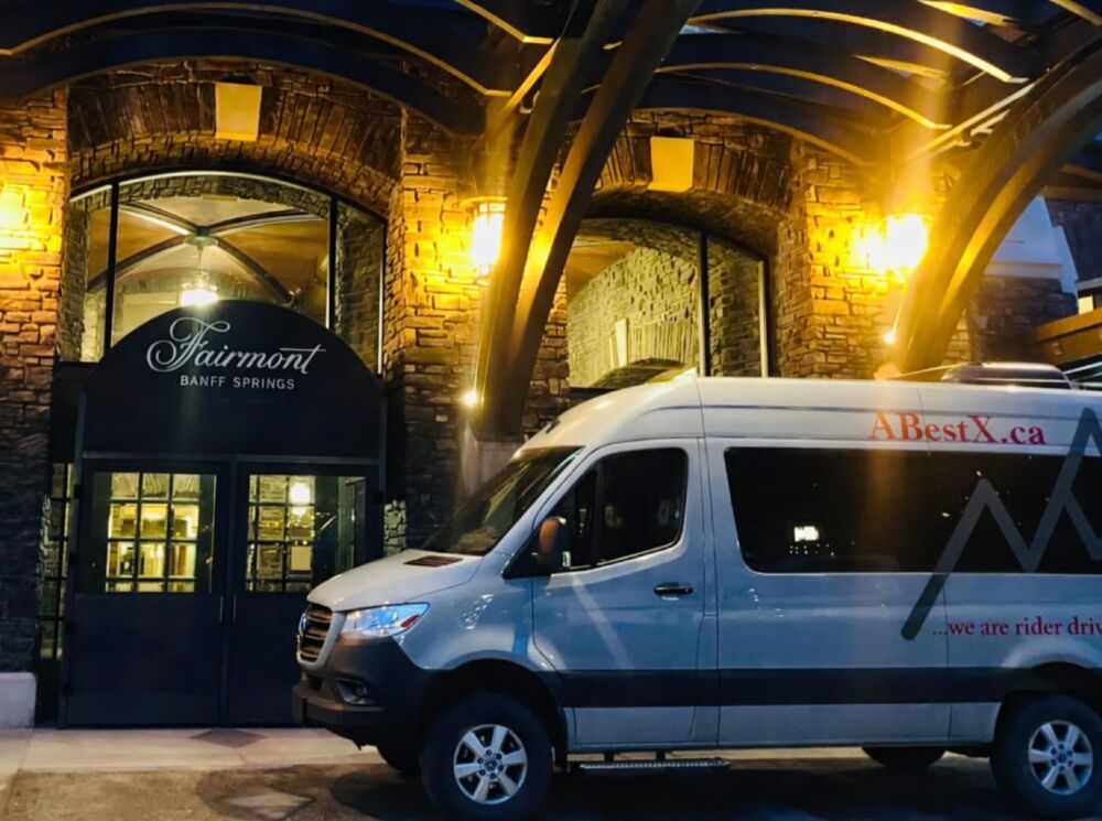 ABest tours in front of the Fairmont Banff Springs in Banff National Park