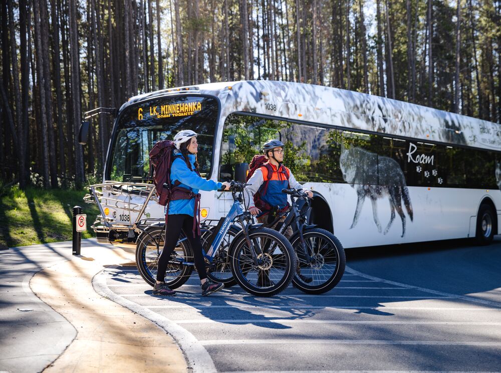 Two people walk away from a Roam Transit bus with their bikes, heading out for a bike ride in Banff National Park.