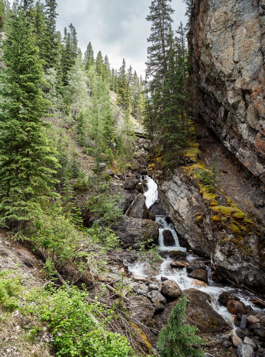A waterfall in a canyon in Banff National Park