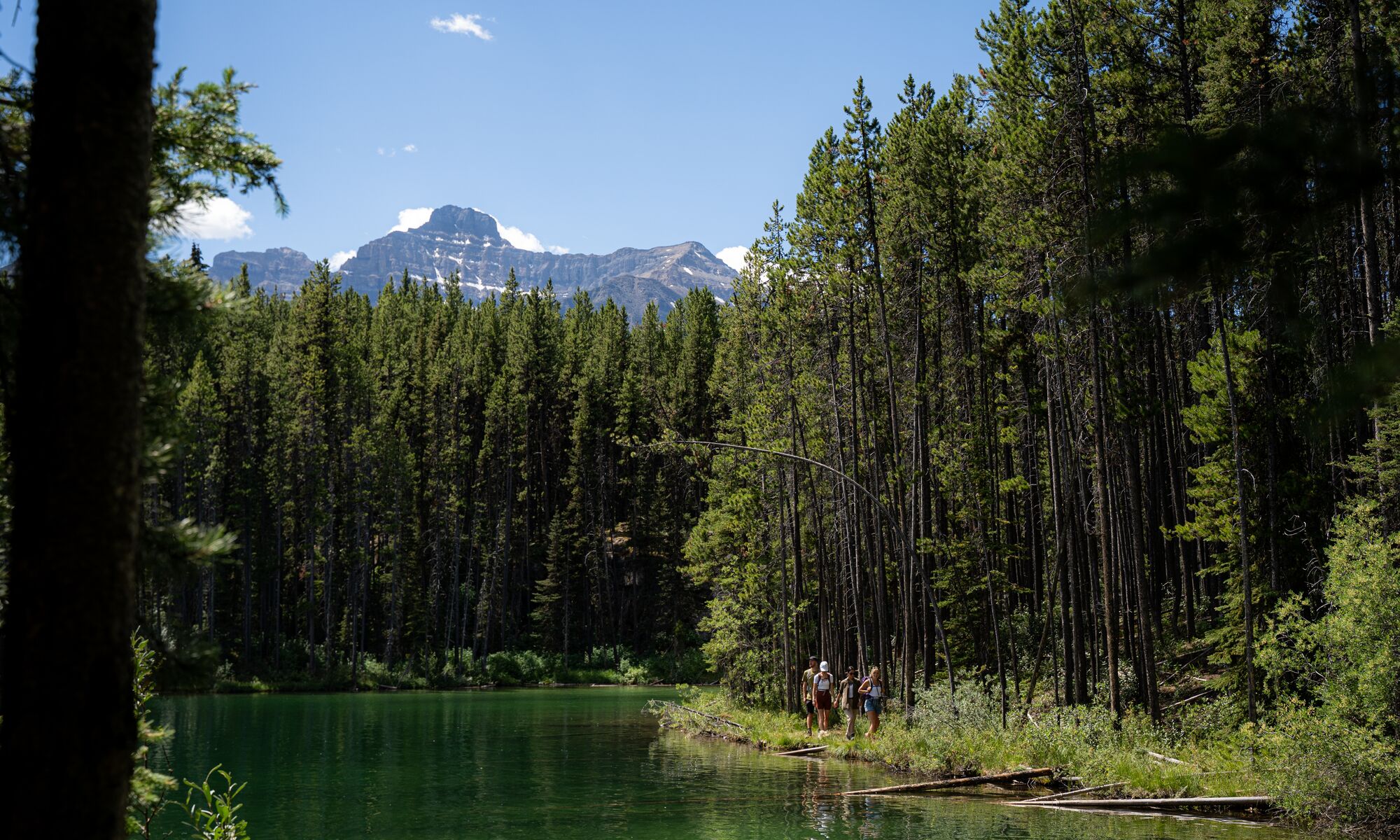 People walking along Herbert Lake Lakeshore in Banff National Park