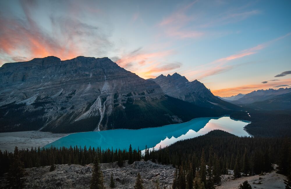 Peyto Lake in the summer at sunset along the Icefields Parkway in Banff National Park