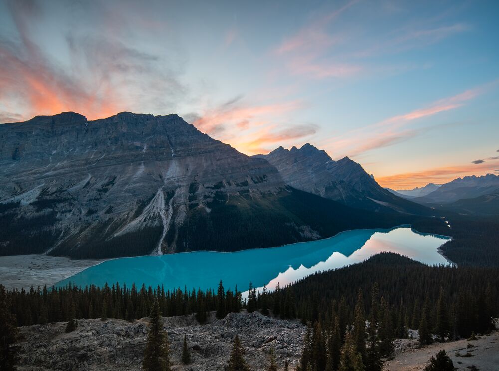 Peyto Lake in the summer at sunset along the Icefields Parkway in Banff National Park