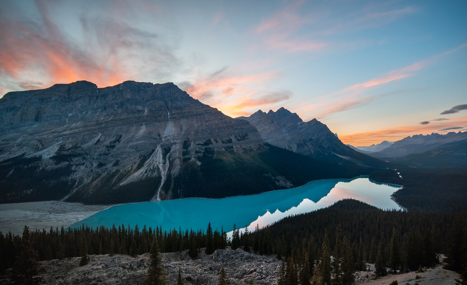 Peyto Lake in the summer at sunset along the Icefields Parkway in Banff National Park