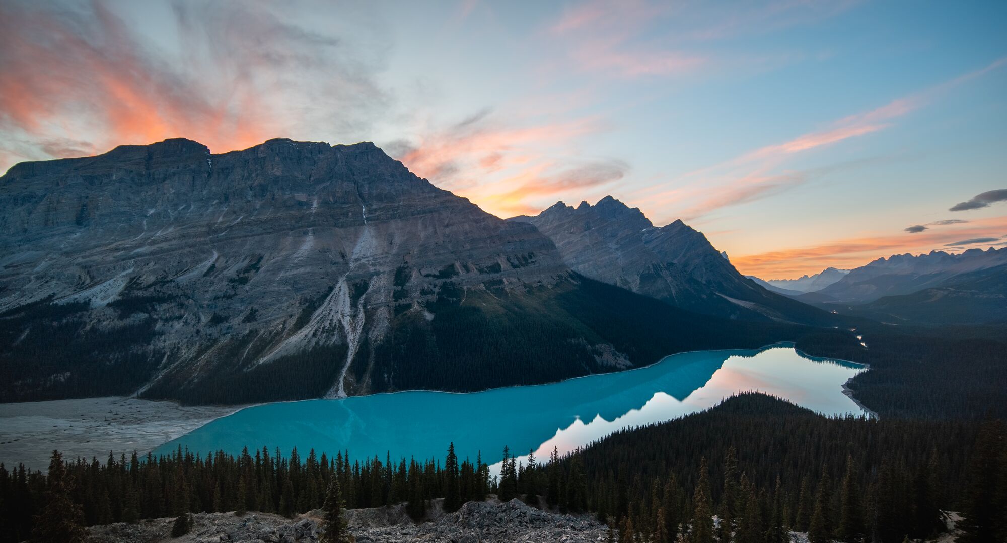 Peyto Lake in the summer at sunset along the Icefields Parkway in Banff National Park